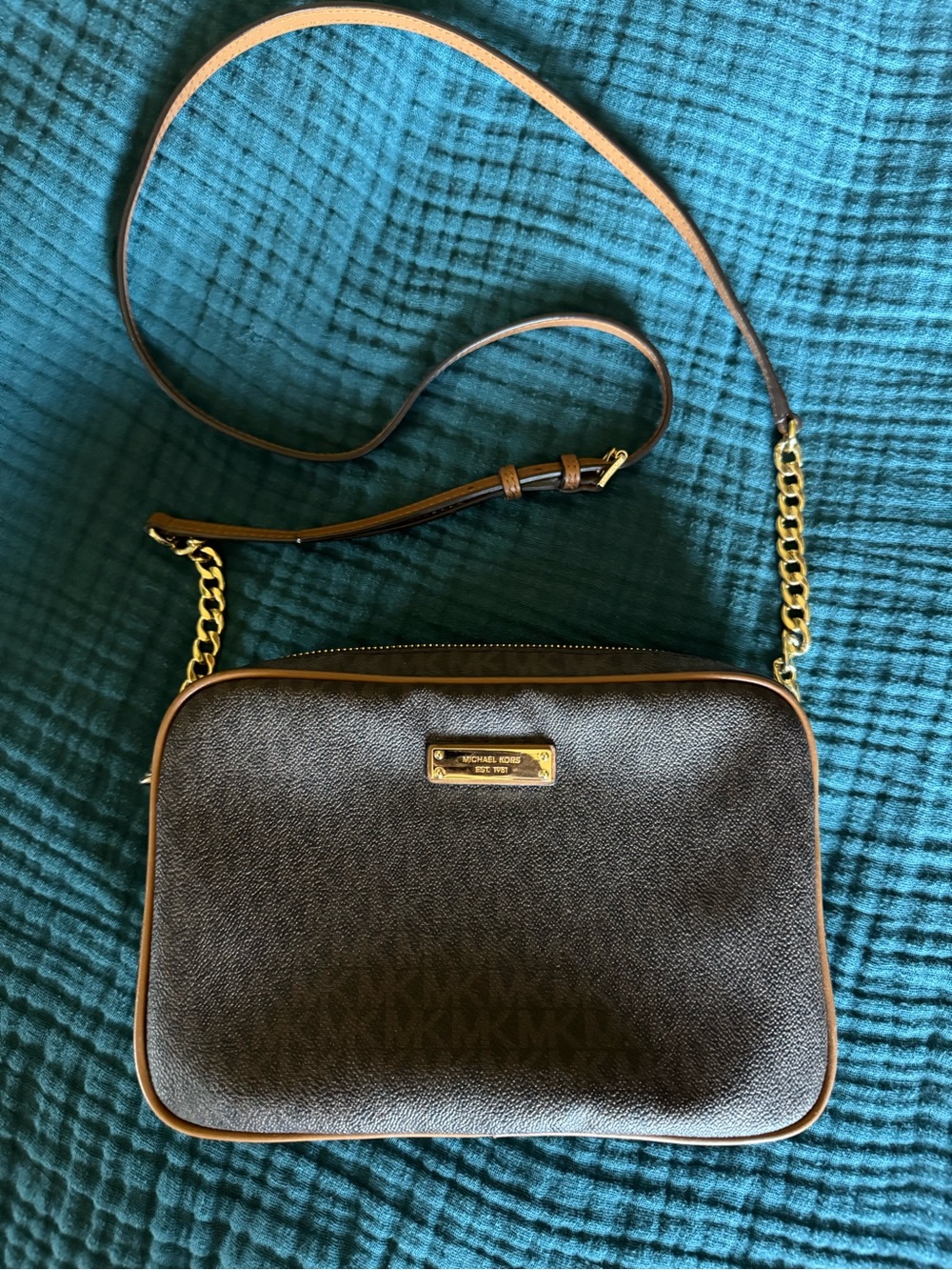 Michael Kors Brown and Tan Logo Crossbody Bag with Gold Chain